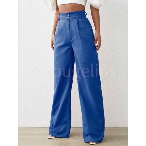 Cotton Blue Wide Leg High Waist Pants Light Denim Non-Stretchy - Picture 4 of 6